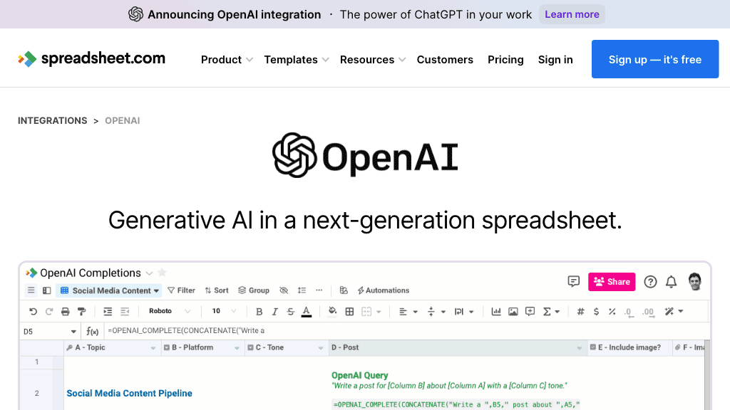 OpenAI in Spreadsheet